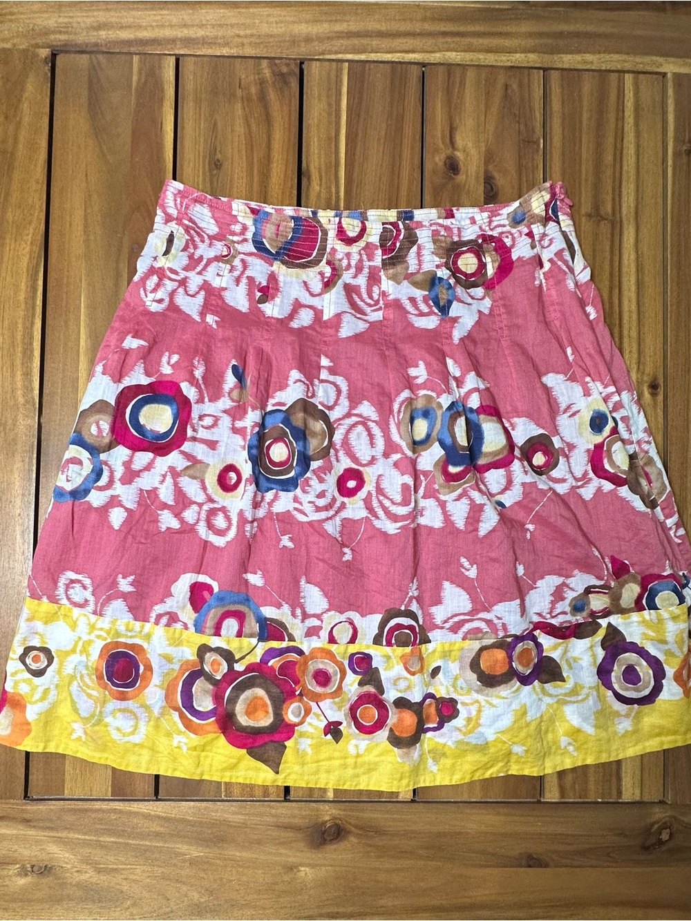 BCBGMaxAzria Pink Floral Print Cotton Midi Skirt with Yellow Border
